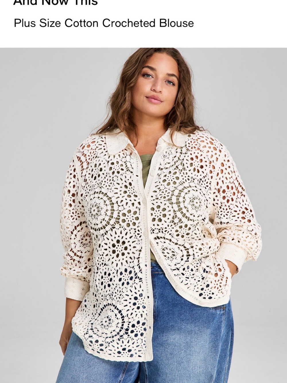 Plus-Size Crocheted Button-Front Blouse in Cream